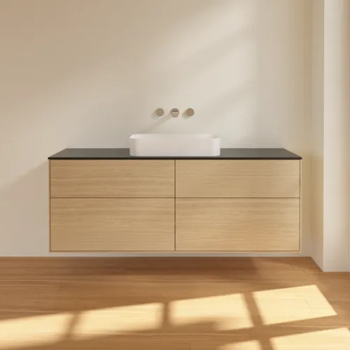 Bild von VILLEROY BOCH Finion Waschbeckenunterschrank, mit Beleuchtung, 4 Auszüge, 1600 x 603 x 501 mm, Oak Veneer / Glass Black Matt #G73200PC