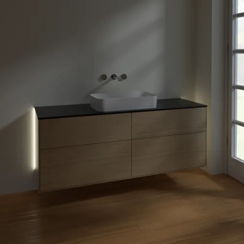 Bild von VILLEROY BOCH Finion Waschbeckenunterschrank, mit Beleuchtung, 4 Auszüge, 1600 x 603 x 501 mm, Oak Veneer / Glass Black Matt #G73200PC