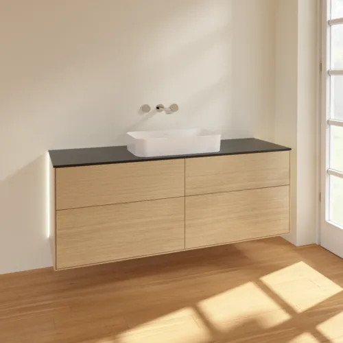 Bild von VILLEROY BOCH Finion Waschbeckenunterschrank, mit Beleuchtung, 4 Auszüge, 1600 x 603 x 501 mm, Oak Veneer / Glass Black Matt #G73200PC
