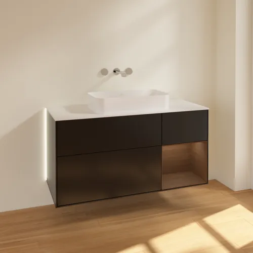 Bild von VILLEROY BOCH Finion Waschbeckenunterschrank, mit Beleuchtung, 3 Auszüge, 1200 x 603 x 501 mm, Black Matt Lacquer / Walnut Veneer / Glass White Matt #G711GNPD