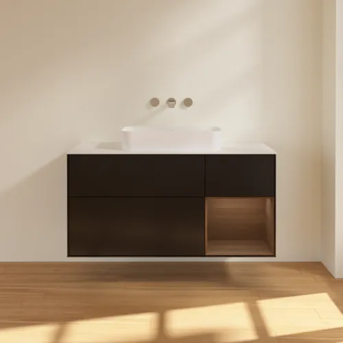 Bild von VILLEROY BOCH Finion Waschbeckenunterschrank, mit Beleuchtung, 3 Auszüge, 1200 x 603 x 501 mm, Black Matt Lacquer / Walnut Veneer / Glass White Matt #G711GNPD