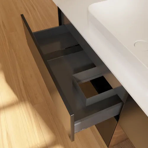 Bild von VILLEROY BOCH Finion Waschbeckenunterschrank, mit Beleuchtung, 3 Auszüge, 1200 x 603 x 501 mm, Black Matt Lacquer / Walnut Veneer / Glass White Matt #G711GNPD