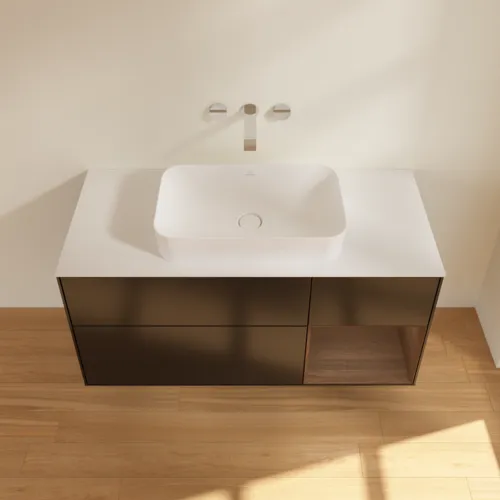 Bild von VILLEROY BOCH Finion Waschbeckenunterschrank, mit Beleuchtung, 3 Auszüge, 1200 x 603 x 501 mm, Black Matt Lacquer / Walnut Veneer / Glass White Matt #G711GNPD