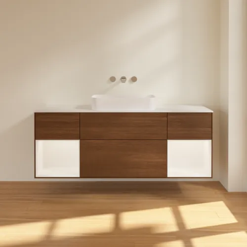 Bild von VILLEROY BOCH Finion Waschbeckenunterschrank, mit Beleuchtung, 4 Auszüge, 1600 x 603 x 501 mm, Walnut Veneer / White Matt Lacquer / Glass White Matt #G741MTGN