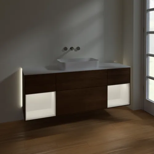 Bild von VILLEROY BOCH Finion Waschbeckenunterschrank, mit Beleuchtung, 4 Auszüge, 1600 x 603 x 501 mm, Walnut Veneer / White Matt Lacquer / Glass White Matt #G741MTGN