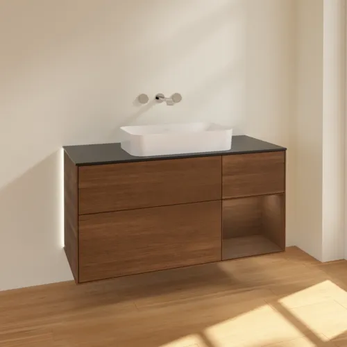 Bild von VILLEROY BOCH Finion Waschbeckenunterschrank, mit Beleuchtung, 3 Auszüge, 1200 x 603 x 501 mm, Walnut Veneer / Walnut Veneer / Glass Black Matt #G712GNGN