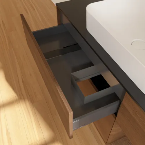 Bild von VILLEROY BOCH Finion Waschbeckenunterschrank, mit Beleuchtung, 3 Auszüge, 1200 x 603 x 501 mm, Walnut Veneer / Walnut Veneer / Glass Black Matt #G712GNGN