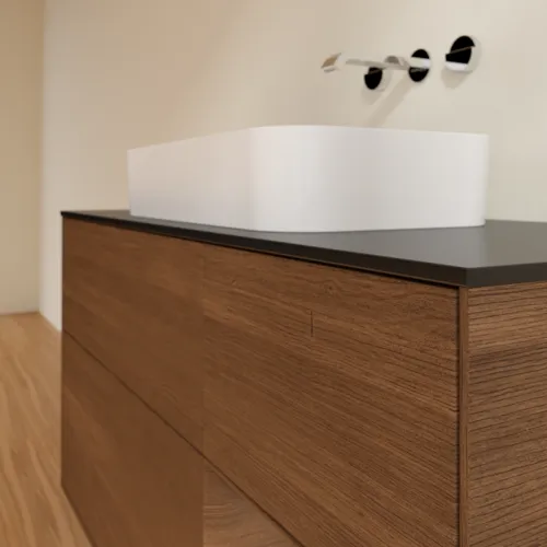 Bild von VILLEROY BOCH Finion Waschbeckenunterschrank, mit Beleuchtung, 3 Auszüge, 1200 x 603 x 501 mm, Walnut Veneer / Walnut Veneer / Glass Black Matt #G712GNGN