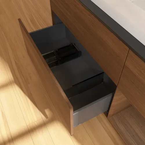 Bild von VILLEROY BOCH Finion Waschbeckenunterschrank, mit Beleuchtung, 3 Auszüge, 1200 x 603 x 501 mm, Walnut Veneer / Walnut Veneer / Glass Black Matt #G712GNGN