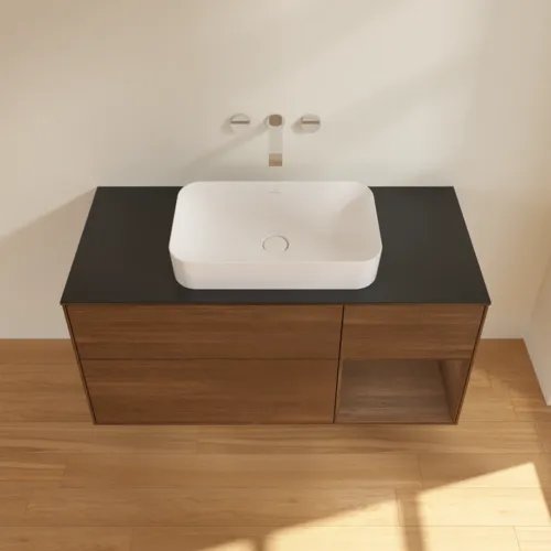 Bild von VILLEROY BOCH Finion Waschbeckenunterschrank, mit Beleuchtung, 3 Auszüge, 1200 x 603 x 501 mm, Walnut Veneer / Walnut Veneer / Glass Black Matt #G712GNGN