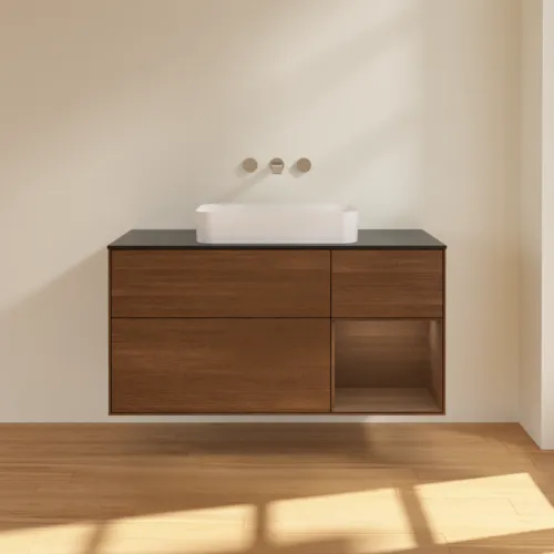 Bild von VILLEROY BOCH Finion Waschbeckenunterschrank, mit Beleuchtung, 3 Auszüge, 1200 x 603 x 501 mm, Walnut Veneer / Walnut Veneer / Glass Black Matt #G712GNGN