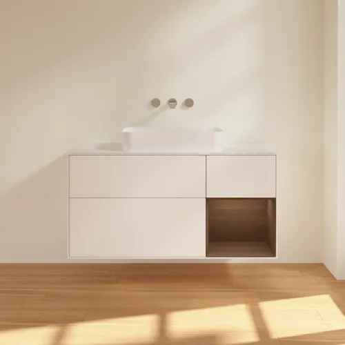 Bild von VILLEROY BOCH Finion Waschbeckenunterschrank, mit Beleuchtung, 3 Auszüge, 1200 x 603 x 501 mm, White Matt Lacquer / Walnut Veneer / Glass White Matt #G711GNMT