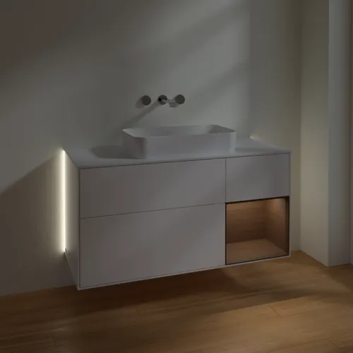 Bild von VILLEROY BOCH Finion Waschbeckenunterschrank, mit Beleuchtung, 3 Auszüge, 1200 x 603 x 501 mm, White Matt Lacquer / Walnut Veneer / Glass White Matt #G711GNMT