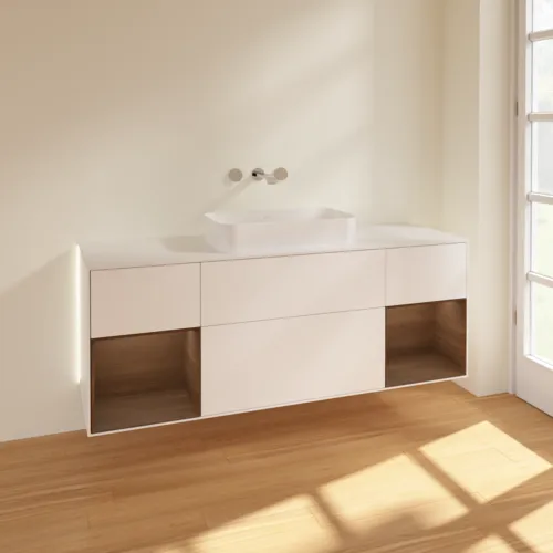 Bild von VILLEROY BOCH Finion Waschbeckenunterschrank, mit Beleuchtung, 4 Auszüge, 1600 x 603 x 501 mm, White Matt Lacquer / Walnut Veneer / Glass White Matt #G741GNMT