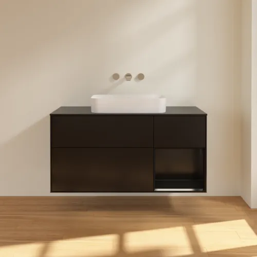 Bild von VILLEROY BOCH Finion Waschbeckenunterschrank, mit Beleuchtung, 3 Auszüge, 1200 x 603 x 501 mm, Black Matt Lacquer / Black Matt Lacquer / Glass Black Matt #G712PDPD