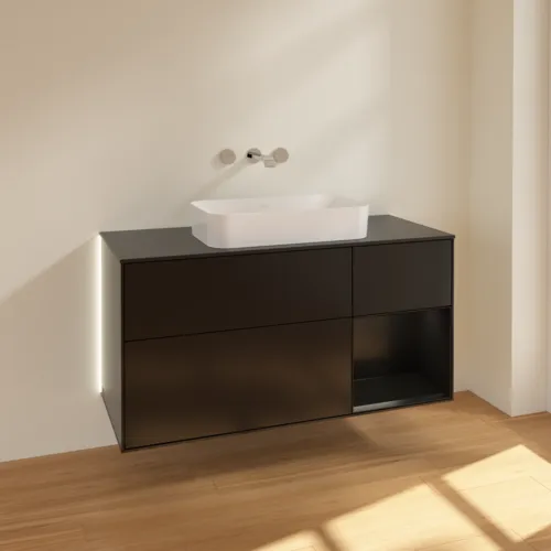 Bild von VILLEROY BOCH Finion Waschbeckenunterschrank, mit Beleuchtung, 3 Auszüge, 1200 x 603 x 501 mm, Black Matt Lacquer / Black Matt Lacquer / Glass Black Matt #G712PDPD