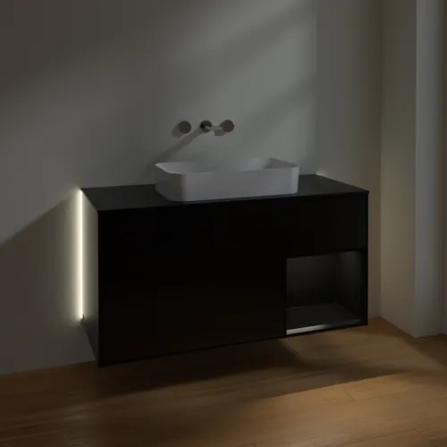 Bild von VILLEROY BOCH Finion Waschbeckenunterschrank, mit Beleuchtung, 3 Auszüge, 1200 x 603 x 501 mm, Black Matt Lacquer / Black Matt Lacquer / Glass Black Matt #G712PDPD