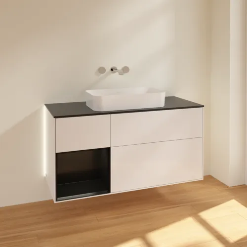 Bild von VILLEROY BOCH Finion Waschbeckenunterschrank, mit Beleuchtung, 3 Auszüge, 1200 x 603 x 501 mm, Glossy White Lacquer / Black Matt Lacquer / Glass Black Matt #G702PDGF