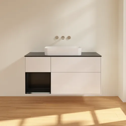 Bild von VILLEROY BOCH Finion Waschbeckenunterschrank, mit Beleuchtung, 3 Auszüge, 1200 x 603 x 501 mm, Glossy White Lacquer / Black Matt Lacquer / Glass Black Matt #G702PDGF