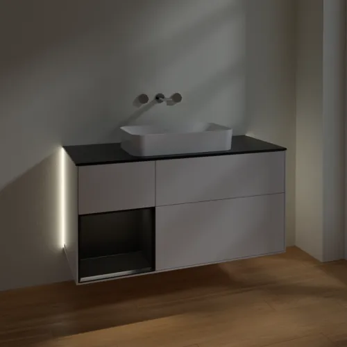 Bild von VILLEROY BOCH Finion Waschbeckenunterschrank, mit Beleuchtung, 3 Auszüge, 1200 x 603 x 501 mm, Glossy White Lacquer / Black Matt Lacquer / Glass Black Matt #G702PDGF