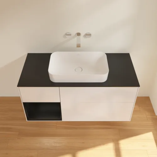 Bild von VILLEROY BOCH Finion Waschbeckenunterschrank, mit Beleuchtung, 3 Auszüge, 1200 x 603 x 501 mm, Glossy White Lacquer / Black Matt Lacquer / Glass Black Matt #G702PDGF