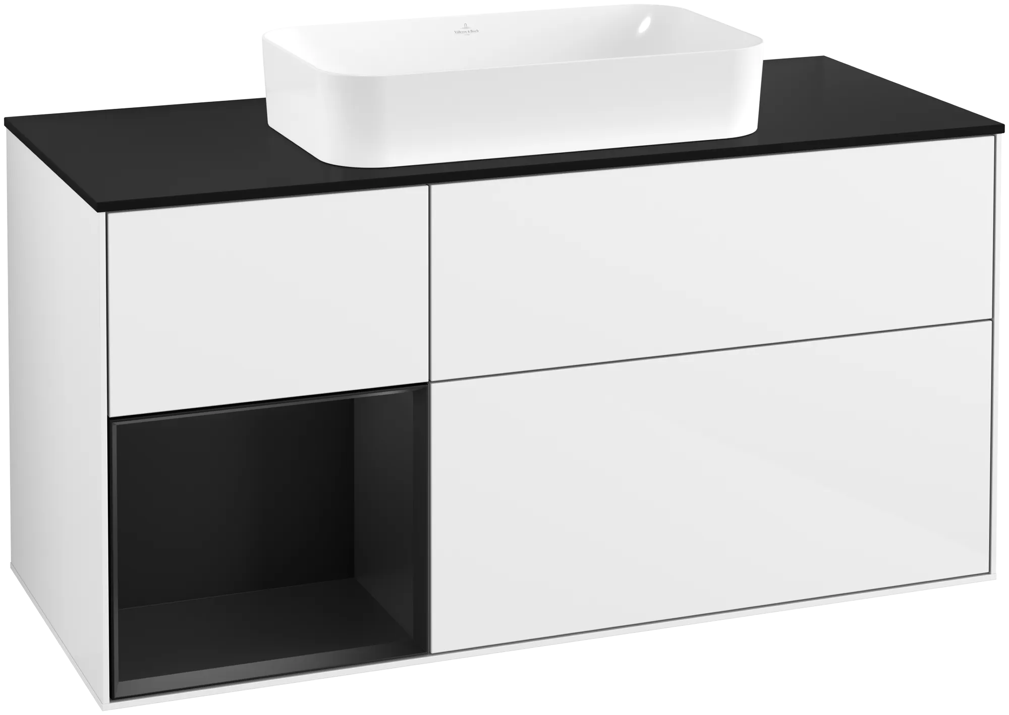 Picture of VILLEROY BOCH Finion Vanity unit, with lighting, 3 pull-out compartments, 1200 x 603 x 501 mm, Glossy White Lacquer / Black Matt Lacquer / Glass Black Matt #G702PDGF