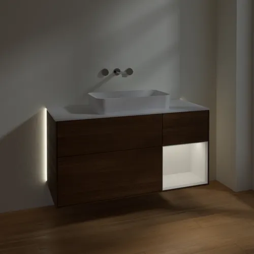 Bild von VILLEROY BOCH Finion Waschbeckenunterschrank, mit Beleuchtung, 3 Auszüge, 1200 x 603 x 501 mm, Walnut Veneer / Glossy White Lacquer / Glass White Matt #G711GFGN