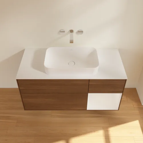 Bild von VILLEROY BOCH Finion Waschbeckenunterschrank, mit Beleuchtung, 3 Auszüge, 1200 x 603 x 501 mm, Walnut Veneer / Glossy White Lacquer / Glass White Matt #G711GFGN