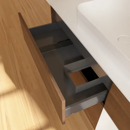 Bild von VILLEROY BOCH Finion Waschbeckenunterschrank, mit Beleuchtung, 3 Auszüge, 1200 x 603 x 501 mm, Walnut Veneer / Glossy White Lacquer / Glass White Matt #G711GFGN