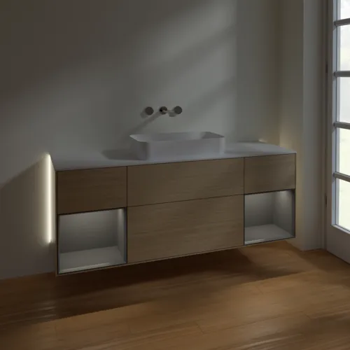 Bild von VILLEROY BOCH Finion Waschbeckenunterschrank, mit Beleuchtung, 4 Auszüge, 1600 x 603 x 501 mm, Oak Veneer / Anthracite Matt Lacquer / Glass White Matt #G741GKPC