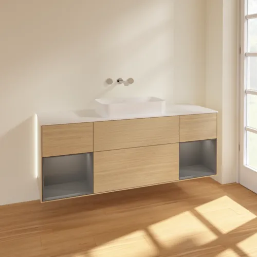 Bild von VILLEROY BOCH Finion Waschbeckenunterschrank, mit Beleuchtung, 4 Auszüge, 1600 x 603 x 501 mm, Oak Veneer / Anthracite Matt Lacquer / Glass White Matt #G741GKPC