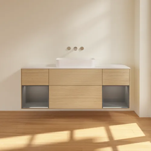Bild von VILLEROY BOCH Finion Waschbeckenunterschrank, mit Beleuchtung, 4 Auszüge, 1600 x 603 x 501 mm, Oak Veneer / Anthracite Matt Lacquer / Glass White Matt #G741GKPC