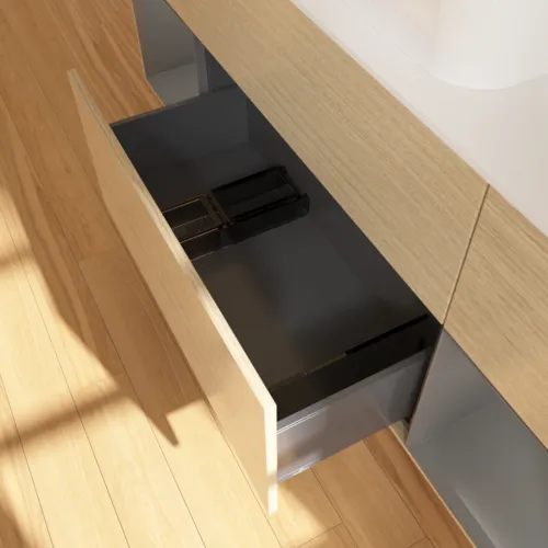 Bild von VILLEROY BOCH Finion Waschbeckenunterschrank, mit Beleuchtung, 4 Auszüge, 1600 x 603 x 501 mm, Oak Veneer / Anthracite Matt Lacquer / Glass White Matt #G741GKPC