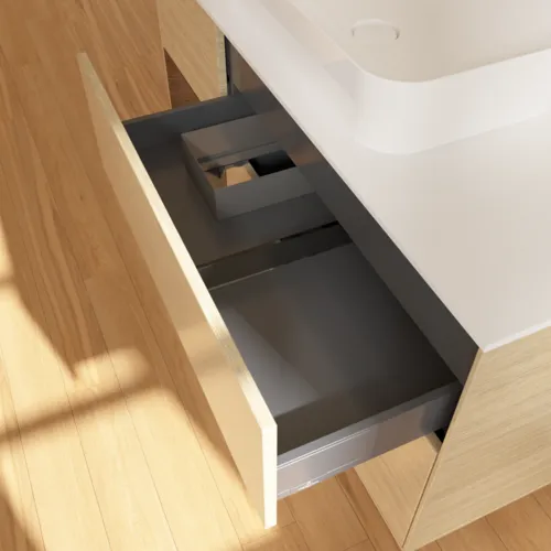 Bild von VILLEROY BOCH Finion Waschbeckenunterschrank, mit Beleuchtung, 3 Auszüge, 1200 x 603 x 501 mm, Oak Veneer / Walnut Veneer / Glass White Matt #G701GNPC