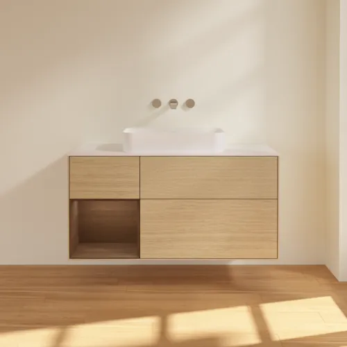 Bild von VILLEROY BOCH Finion Waschbeckenunterschrank, mit Beleuchtung, 3 Auszüge, 1200 x 603 x 501 mm, Oak Veneer / Walnut Veneer / Glass White Matt #G701GNPC