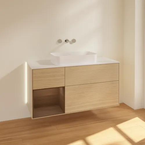 Bild von VILLEROY BOCH Finion Waschbeckenunterschrank, mit Beleuchtung, 3 Auszüge, 1200 x 603 x 501 mm, Oak Veneer / Walnut Veneer / Glass White Matt #G701GNPC