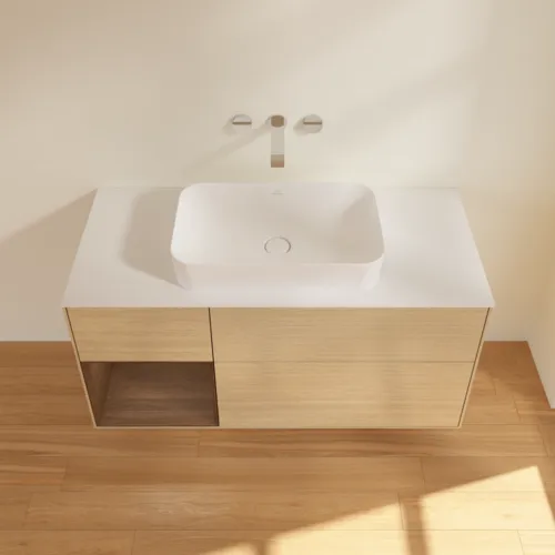 Bild von VILLEROY BOCH Finion Waschbeckenunterschrank, mit Beleuchtung, 3 Auszüge, 1200 x 603 x 501 mm, Oak Veneer / Walnut Veneer / Glass White Matt #G701GNPC