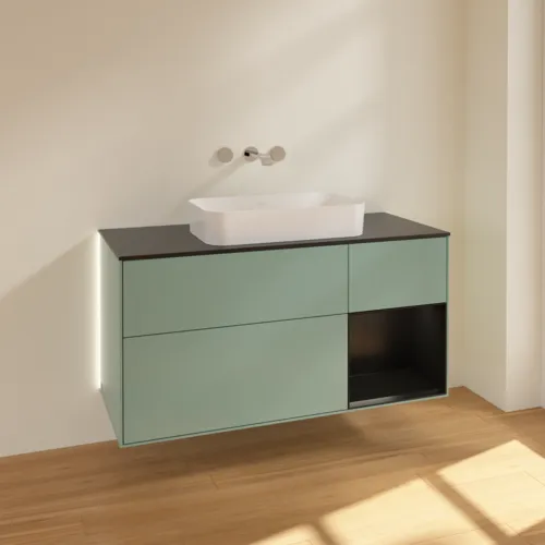 Bild von VILLEROY BOCH Finion Waschbeckenunterschrank, mit Beleuchtung, 3 Auszüge, 1200 x 603 x 501 mm, Olive Matt Lacquer / Black Matt Lacquer / Glass Black Matt #G712PDGM