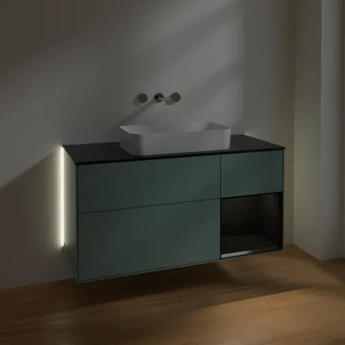 Bild von VILLEROY BOCH Finion Waschbeckenunterschrank, mit Beleuchtung, 3 Auszüge, 1200 x 603 x 501 mm, Olive Matt Lacquer / Black Matt Lacquer / Glass Black Matt #G712PDGM