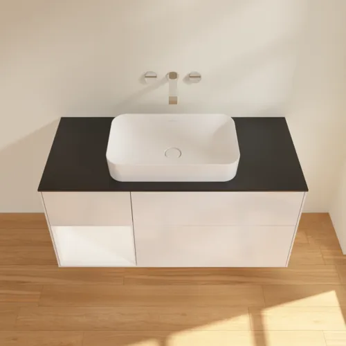 Bild von VILLEROY BOCH Finion Waschbeckenunterschrank, mit Beleuchtung, 3 Auszüge, 1200 x 603 x 501 mm, Glossy White Lacquer / White Matt Lacquer / Glass Black Matt #G702MTGF