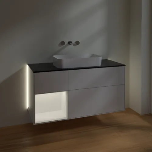 Bild von VILLEROY BOCH Finion Waschbeckenunterschrank, mit Beleuchtung, 3 Auszüge, 1200 x 603 x 501 mm, Glossy White Lacquer / White Matt Lacquer / Glass Black Matt #G702MTGF