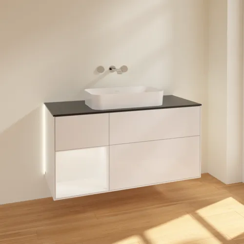Bild von VILLEROY BOCH Finion Waschbeckenunterschrank, mit Beleuchtung, 3 Auszüge, 1200 x 603 x 501 mm, Glossy White Lacquer / White Matt Lacquer / Glass Black Matt #G702MTGF
