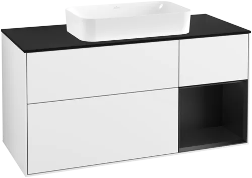 Picture of VILLEROY BOCH Finion Vanity unit, with lighting, 3 pull-out compartments, 1200 x 603 x 501 mm, Glossy White Lacquer / Black Matt Lacquer / Glass Black Matt #G712PDGF