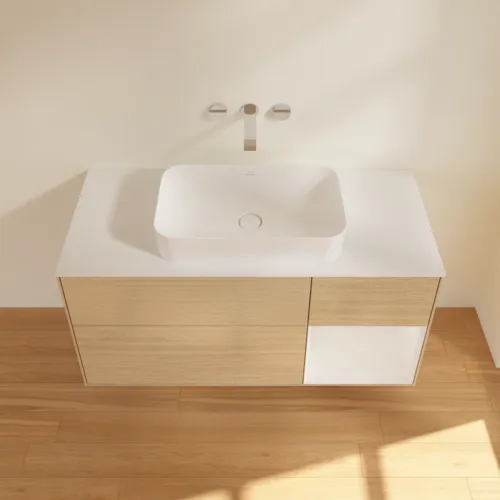 Bild von VILLEROY BOCH Finion Waschbeckenunterschrank, mit Beleuchtung, 3 Auszüge, 1200 x 603 x 501 mm, Oak Veneer / Glossy White Lacquer / Glass White Matt #G711GFPC