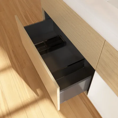 Bild von VILLEROY BOCH Finion Waschbeckenunterschrank, mit Beleuchtung, 3 Auszüge, 1200 x 603 x 501 mm, Oak Veneer / Glossy White Lacquer / Glass White Matt #G711GFPC