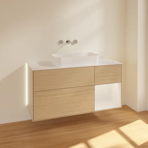 Bild von VILLEROY BOCH Finion Waschbeckenunterschrank, mit Beleuchtung, 3 Auszüge, 1200 x 603 x 501 mm, Oak Veneer / Glossy White Lacquer / Glass White Matt #G711GFPC