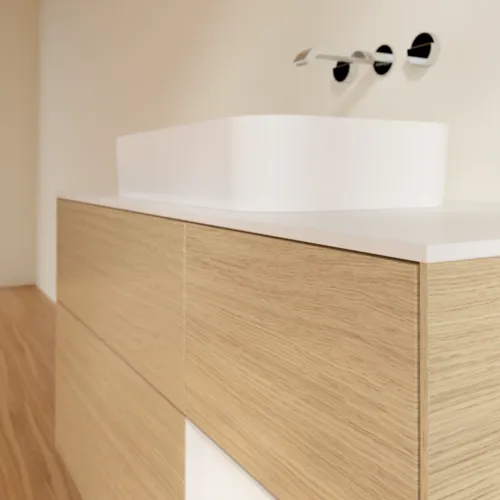 Bild von VILLEROY BOCH Finion Waschbeckenunterschrank, mit Beleuchtung, 3 Auszüge, 1200 x 603 x 501 mm, Oak Veneer / Glossy White Lacquer / Glass White Matt #G711GFPC