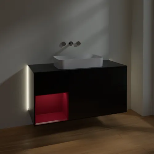 Bild von VILLEROY BOCH Finion Waschbeckenunterschrank, mit Beleuchtung, 3 Auszüge, 1200 x 603 x 501 mm, Black Matt Lacquer / Peony Matt Lacquer / Glass Black Matt #G702HBPD