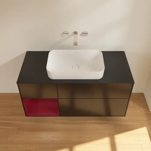 Bild von VILLEROY BOCH Finion Waschbeckenunterschrank, mit Beleuchtung, 3 Auszüge, 1200 x 603 x 501 mm, Black Matt Lacquer / Peony Matt Lacquer / Glass Black Matt #G702HBPD