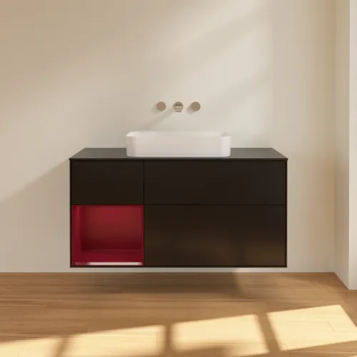 Bild von VILLEROY BOCH Finion Waschbeckenunterschrank, mit Beleuchtung, 3 Auszüge, 1200 x 603 x 501 mm, Black Matt Lacquer / Peony Matt Lacquer / Glass Black Matt #G702HBPD